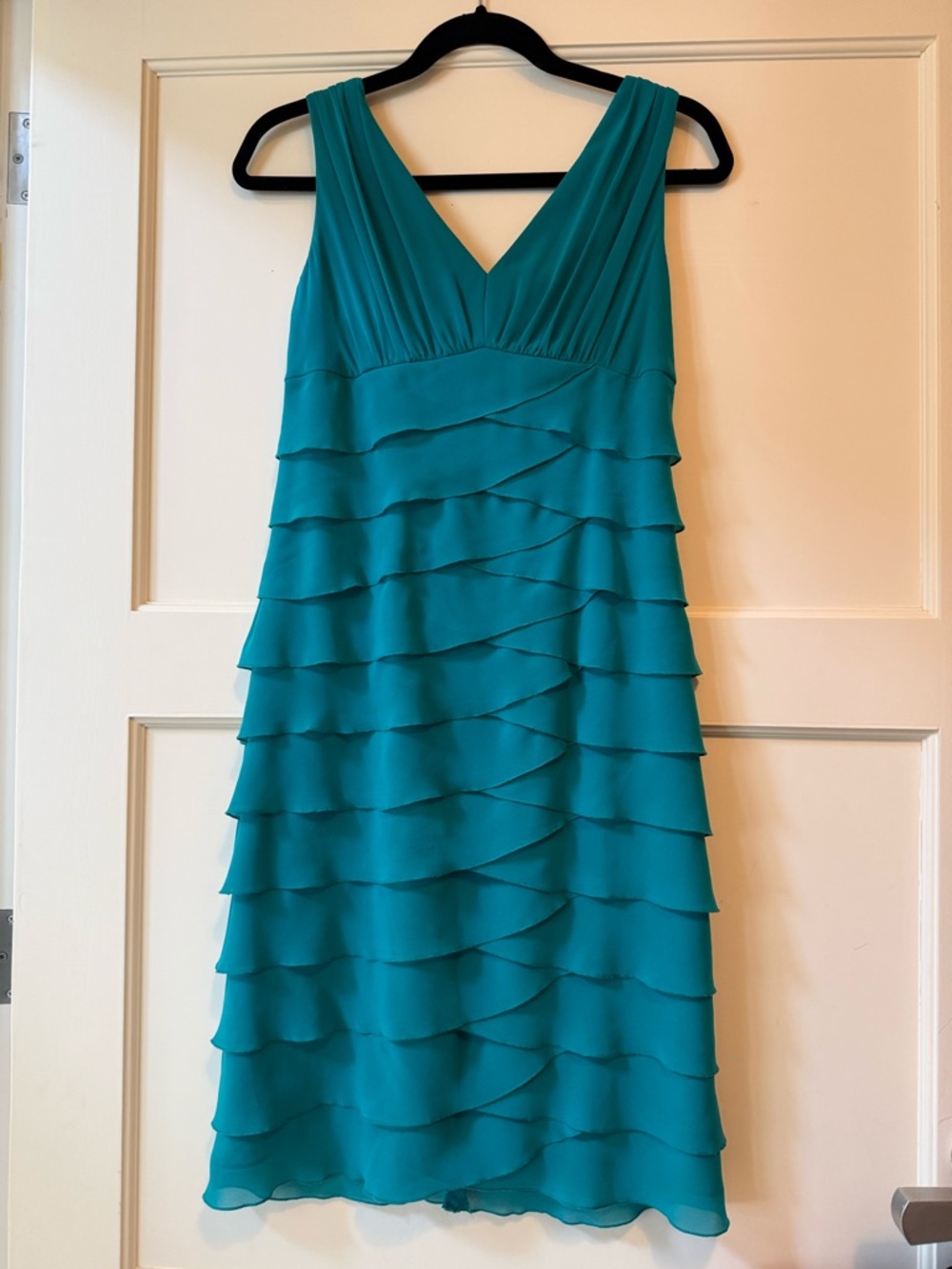 Jones New York Teal V-Neck Tiered Ruffle Midi Dress